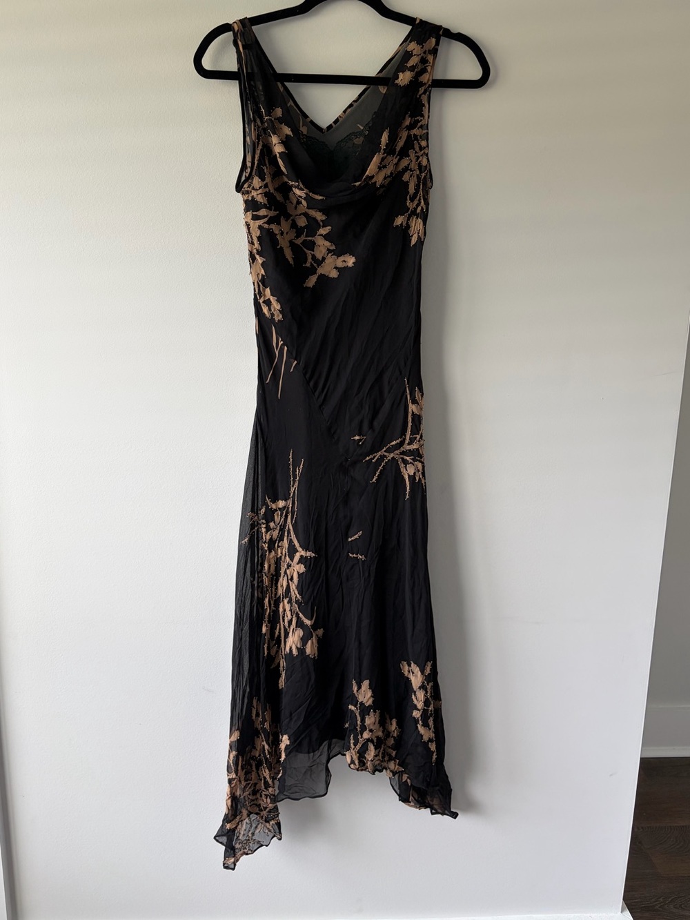 Vintage I.C.E 90s Silk Beaded Midi Dress Cowl Neck Fairy Grunge Y2K Sz 10 S/M